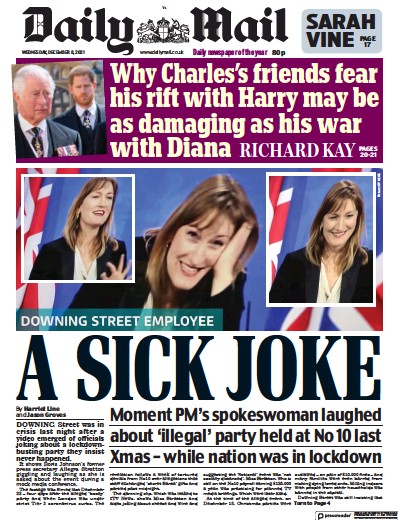 Daily Mail Newspaper Front Page (UK) for 8 December 2021