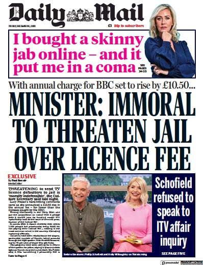 Daily Mail Newspaper Front Page (UK) for 8 December 2023