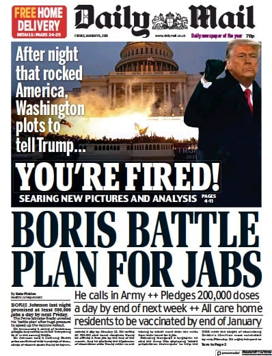 Daily Mail Newspaper Front Page (UK) for 8 January 2021