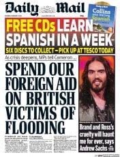 Daily Mail (UK) Newspaper Front Page for 8 February 2014