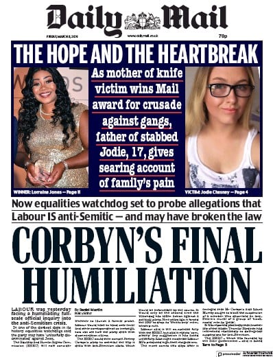 Daily Mail Newspaper Front Page (UK) for 8 March 2019