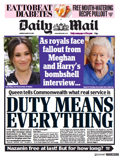 Daily Mail Newspaper Front Page (UK) for 8 March 2021