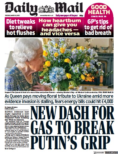 Daily Mail Newspaper Front Page (UK) for 8 March 2022