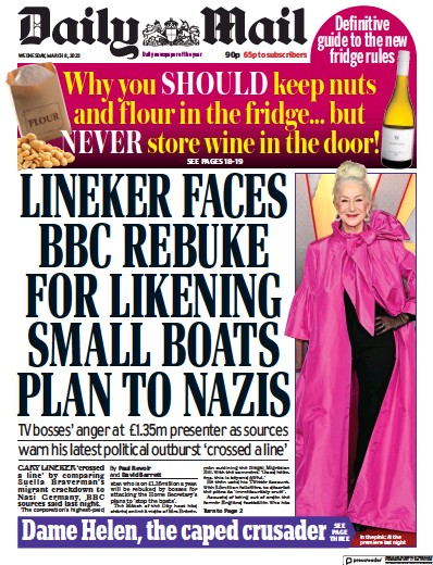 Daily Mail Newspaper Front Page (UK) for 8 March 2023