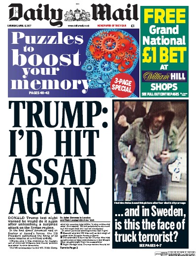 Daily Mail Newspaper Front Page (UK) for 8 April 2017