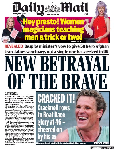 Daily Mail Newspaper Front Page (UK) for 8 April 2019