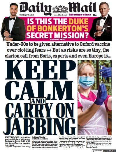Daily Mail Newspaper Front Page (UK) for 8 April 2021