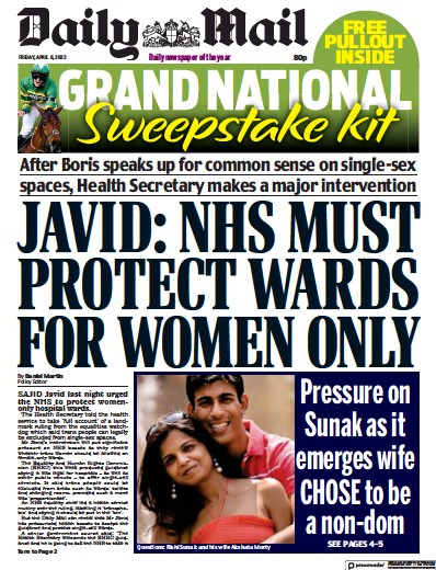 Daily Mail Newspaper Front Page (UK) for 8 April 2022