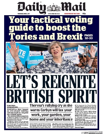 Daily Mail Newspaper Front Page (UK) for 8 June 2017