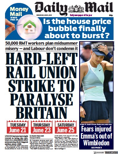 Daily Mail Newspaper Front Page (UK) for 8 June 2022