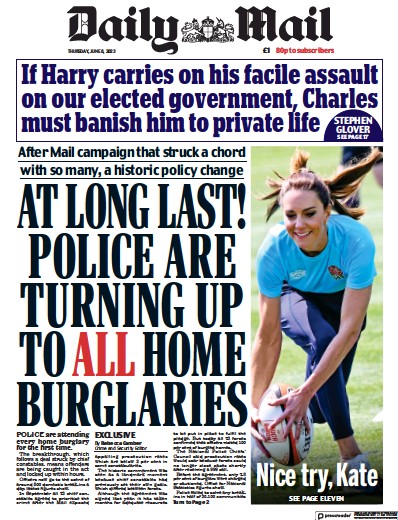 Daily Mail Newspaper Front Page (UK) for 8 June 2023