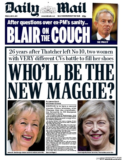 Daily Mail Newspaper Front Page (UK) for 8 July 2016