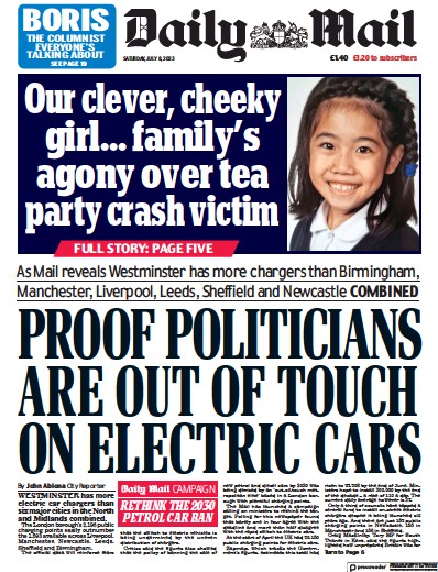 Daily Mail Newspaper Front Page (UK) for 8 July 2023