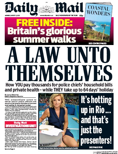 Daily Mail Newspaper Front Page (UK) for 8 August 2016