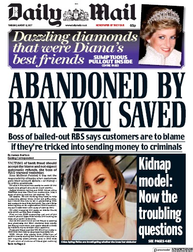 Daily Mail Newspaper Front Page (UK) for 8 August 2017