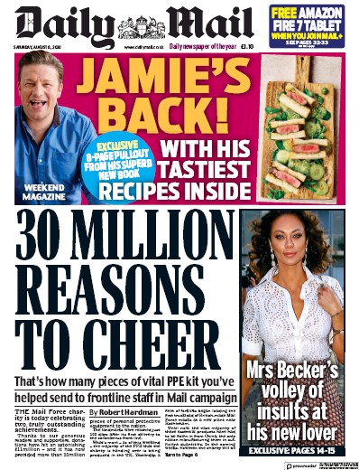 Daily Mail Newspaper Front Page (UK) for 8 August 2020