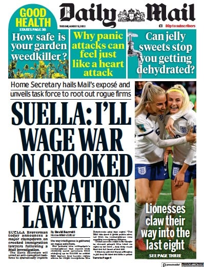 Daily Mail Newspaper Front Page (UK) for 8 August 2023