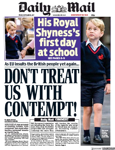 Daily Mail Newspaper Front Page (UK) for 8 September 2017