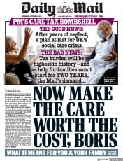 Daily Mail (UK) Newspaper Front Page for 8 September 2021