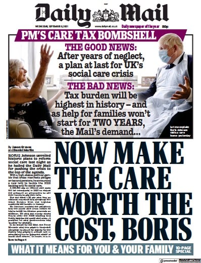 Daily Mail Newspaper Front Page (UK) for 8 September 2021