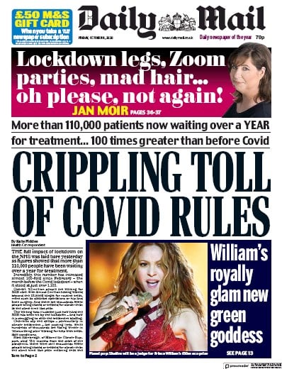 Daily Mail Newspaper Front Page (UK) for 9 October 2020