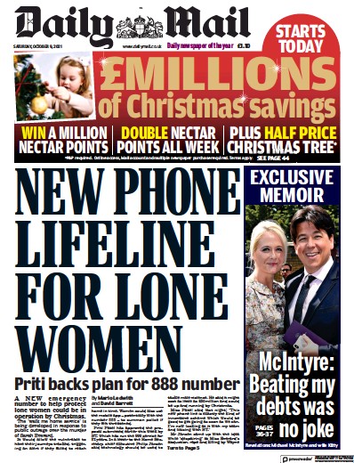Daily Mail Newspaper Front Page (UK) for 9 October 2021