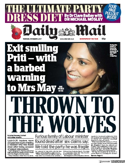 Daily Mail Newspaper Front Page (UK) for 9 November 2017