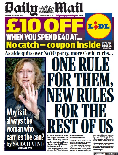 Daily Mail Newspaper Front Page (UK) for 9 December 2021