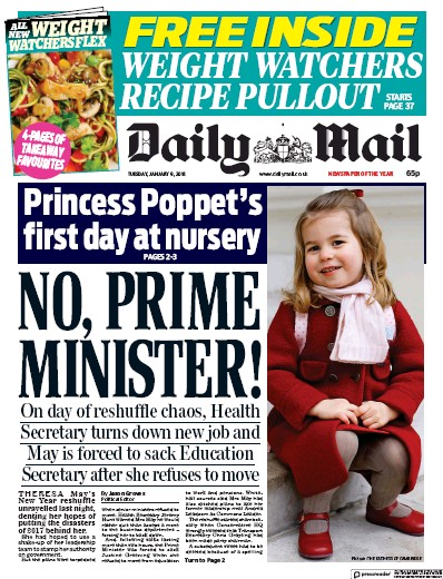 Daily Mail Newspaper Front Page (UK) for 9 January 2018