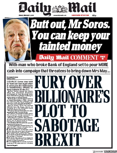 Daily Mail Newspaper Front Page (UK) for 9 February 2018