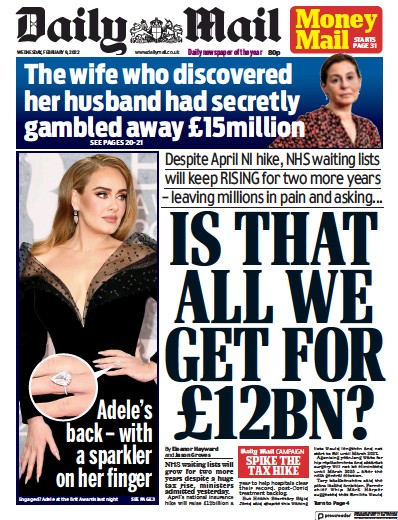 Daily Mail Newspaper Front Page (UK) for 9 February 2022