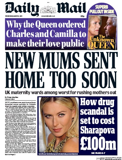 Daily Mail Newspaper Front Page (UK) for 9 March 2016