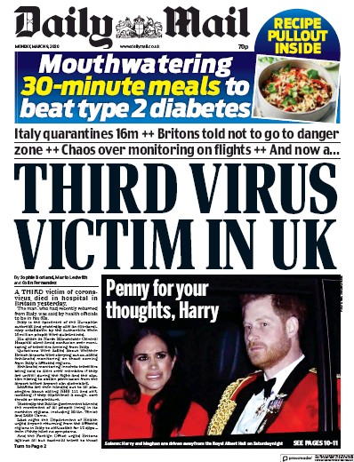 Daily Mail Newspaper Front Page (UK) for 9 March 2020