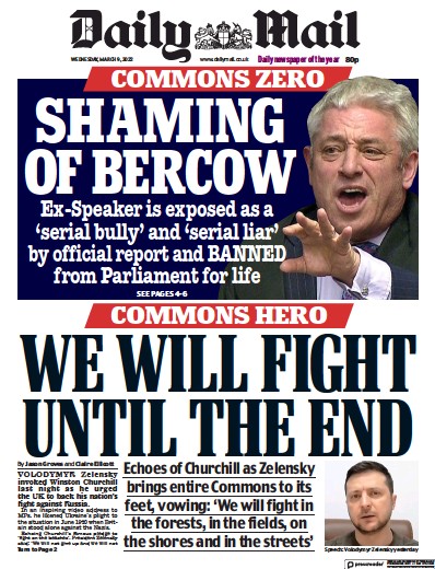 Daily Mail Newspaper Front Page (UK) for 9 March 2022