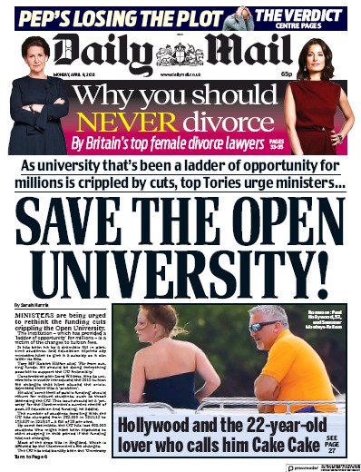 Daily Mail Newspaper Front Page (UK) for 9 April 2018
