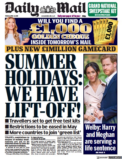 Daily Mail Newspaper Front Page (UK) for 9 April 2021
