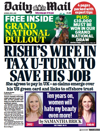 Daily Mail Newspaper Front Page (UK) for 9 April 2022