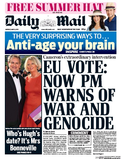 Daily Mail Newspaper Front Page (UK) for 9 May 2016