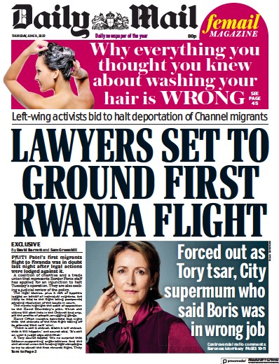 Daily Mail Newspaper Front Page (UK) for 9 June 2022