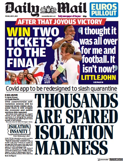 Daily Mail Newspaper Front Page (UK) for 9 July 2021