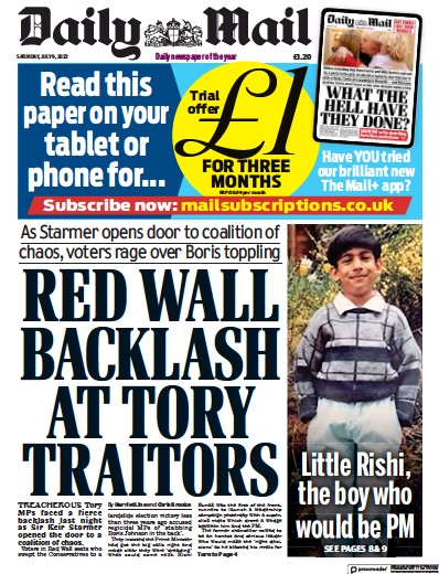 Daily Mail Newspaper Front Page (UK) for 9 July 2022