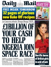 Daily Mail (UK) Newspaper Front Page for 9 August 2013