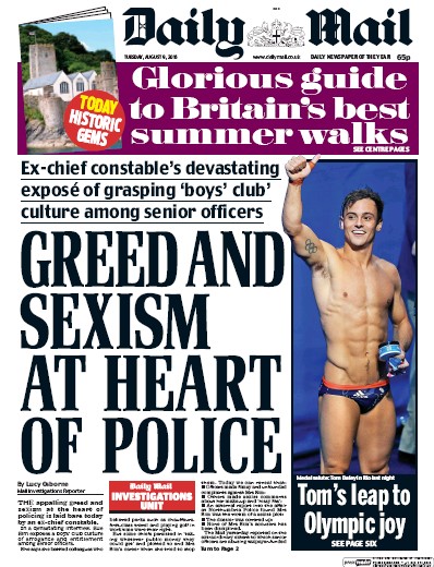 Daily Mail Newspaper Front Page (UK) for 9 August 2016