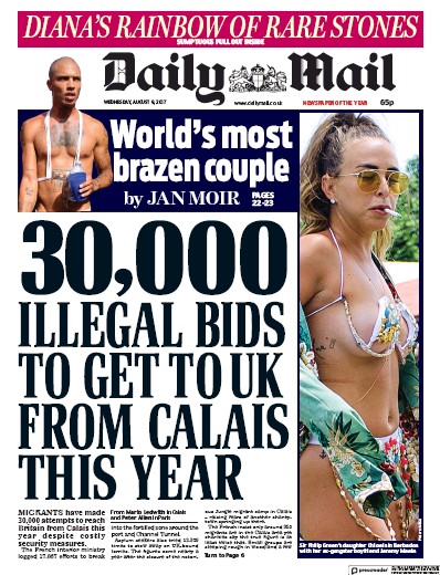 Daily Mail Newspaper Front Page (UK) for 9 August 2017