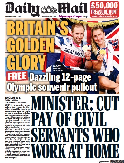 Daily Mail Newspaper Front Page (UK) for 9 August 2021