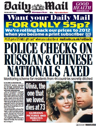 Daily Mail Newspaper Front Page (UK) for 9 August 2022
