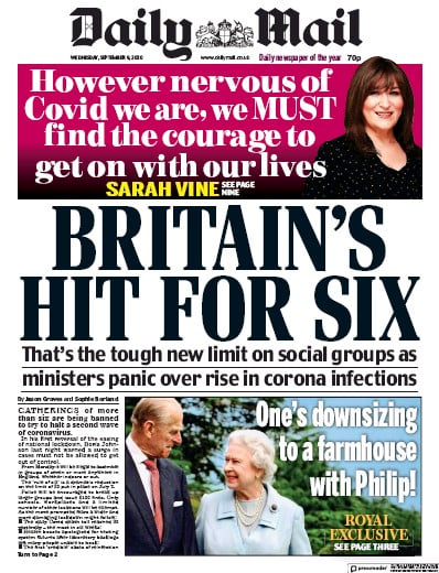 Daily Mail Newspaper Front Page (UK) for 9 September 2020