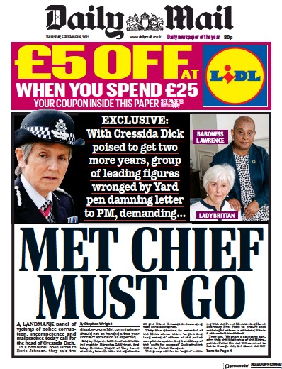 Daily Mail Newspaper Front Page (UK) for 9 September 2021