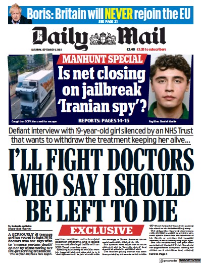 Daily Mail Newspaper Front Page (UK) for 9 September 2023