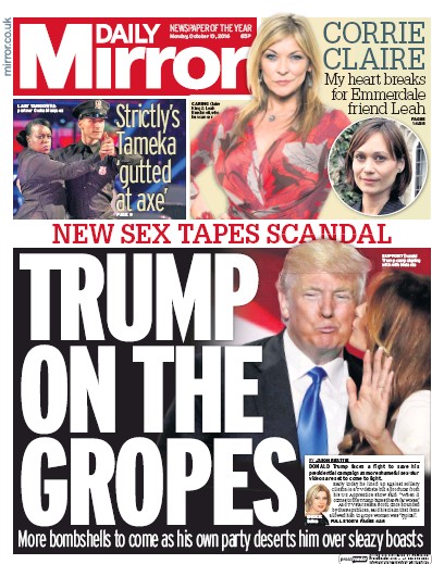 Daily Mirror Newspaper Front Page (UK) for 10 October 2016